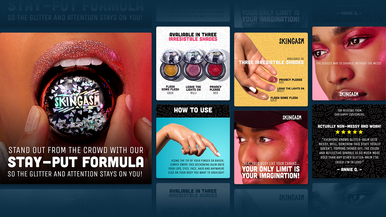 Skingasm Visual Design: Eye-catching skincare imagery featuring a polished layout for stronger brand presence.